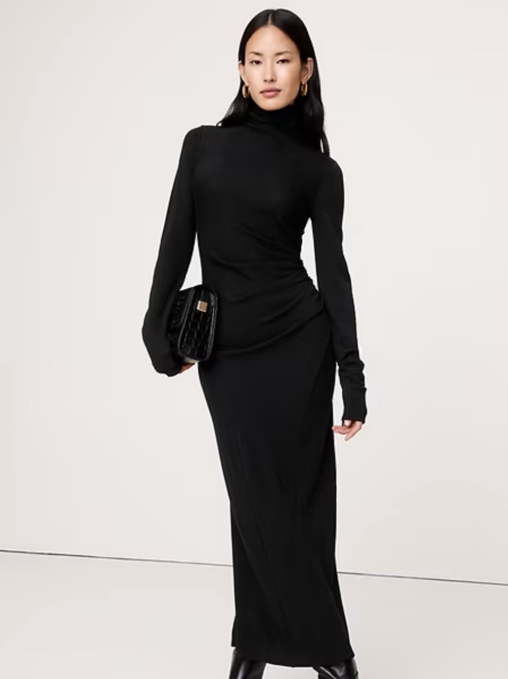 Banana Republic Wool Ruched Mock Neck Long Sleeve Maxi Dress size Medium